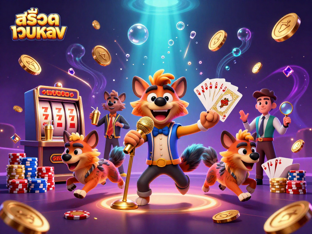 Win big at สล็อตเว็บตรง casino with vibrant scenes of hyenas enjoying games, drinks, and laughter!