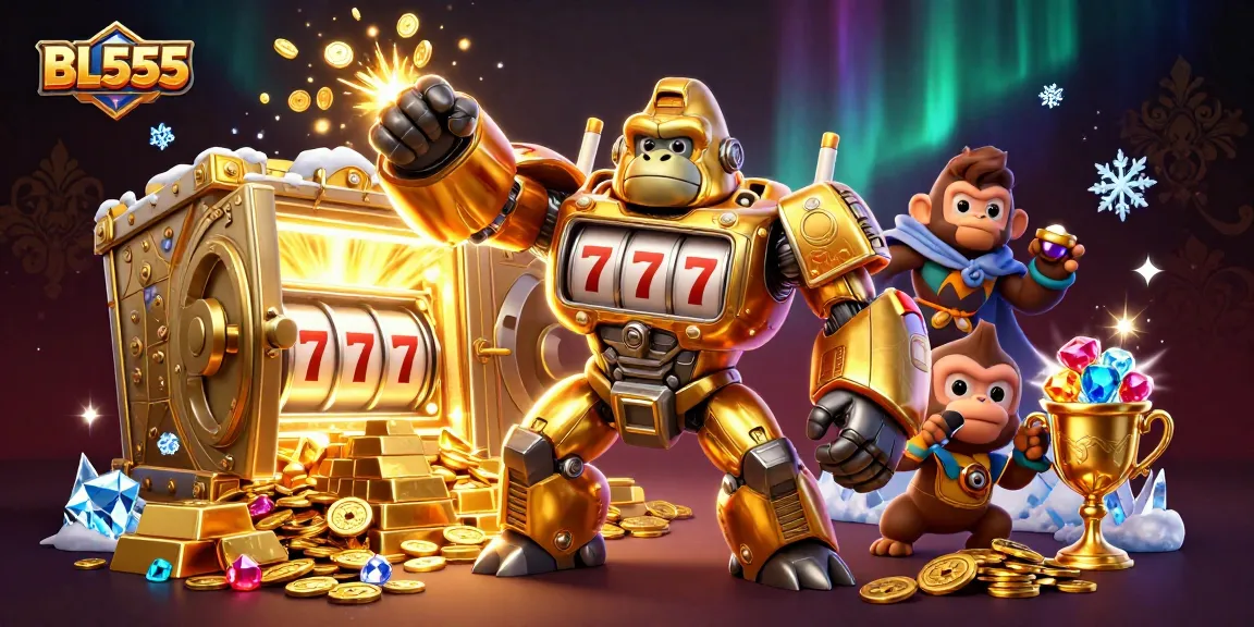 Experience the excitement of BL555 with a golden gorilla mech and spinning slot reels in this dynamic casino illustration.