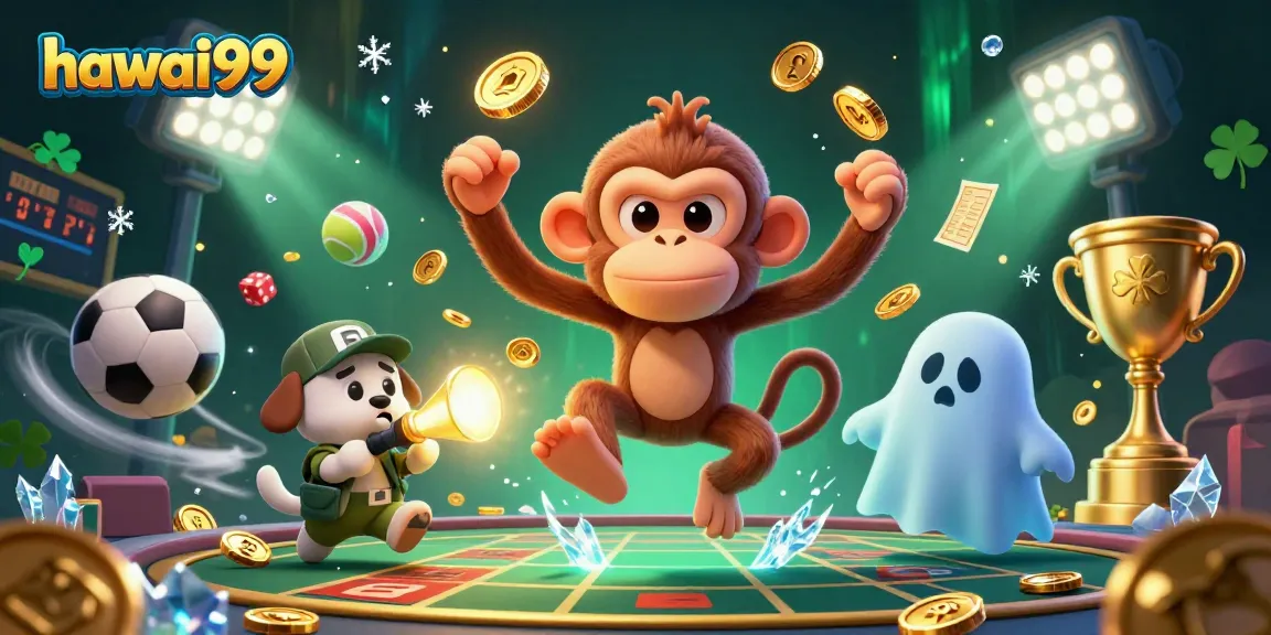 Engage with hawai99 in a vibrant haunted casino scene featuring a playful poltergeist monkey and ghost-hunter puppy.