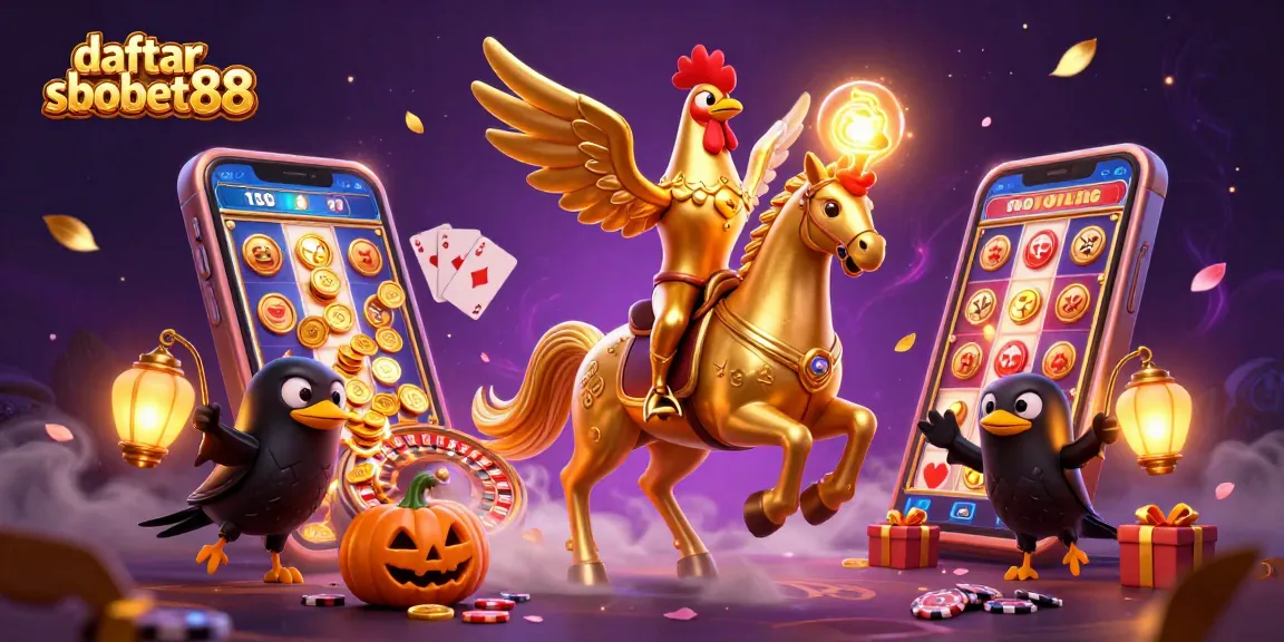 Bet big with daftar sbobet88 - a golden rooster riding a spectral horse, surrounded by casino elements.
