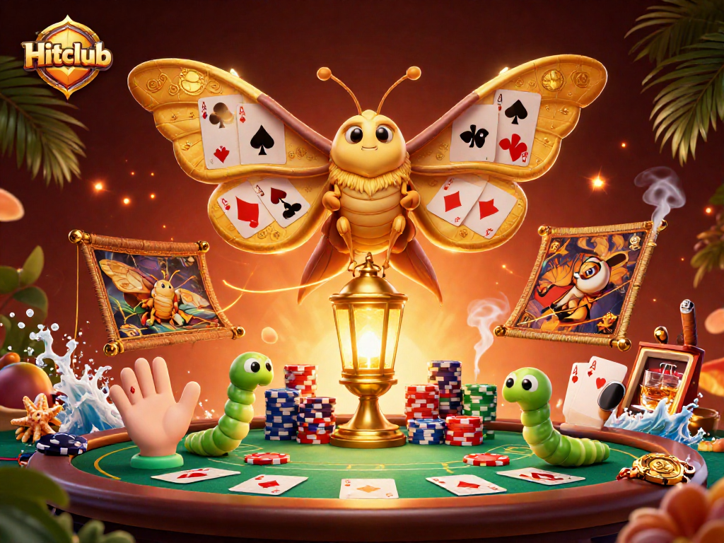 Engaging casino scene showcasing Hitclub with a playful atlas moth and poker elements.