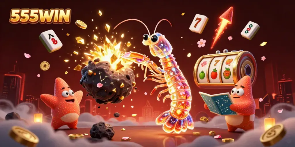 Engage with 555WIN in this vibrant 3D illustration showcasing exciting slot gaming elements.