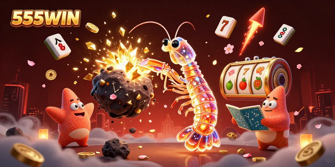 Engage with 555WIN in this vibrant 3D illustration showcasing exciting slot gaming elements.
