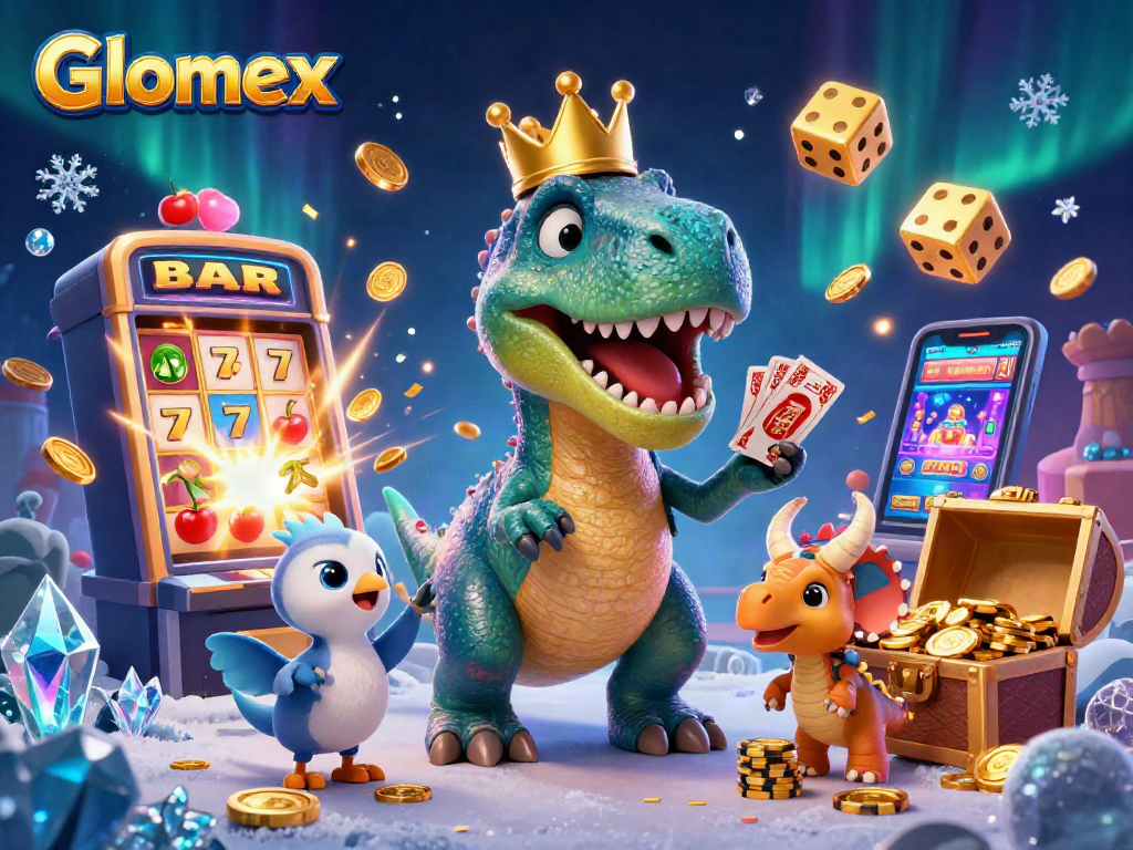 Join Glomex for thrilling casino action with a dinosaur-themed card game and vibrant jackpot elements.