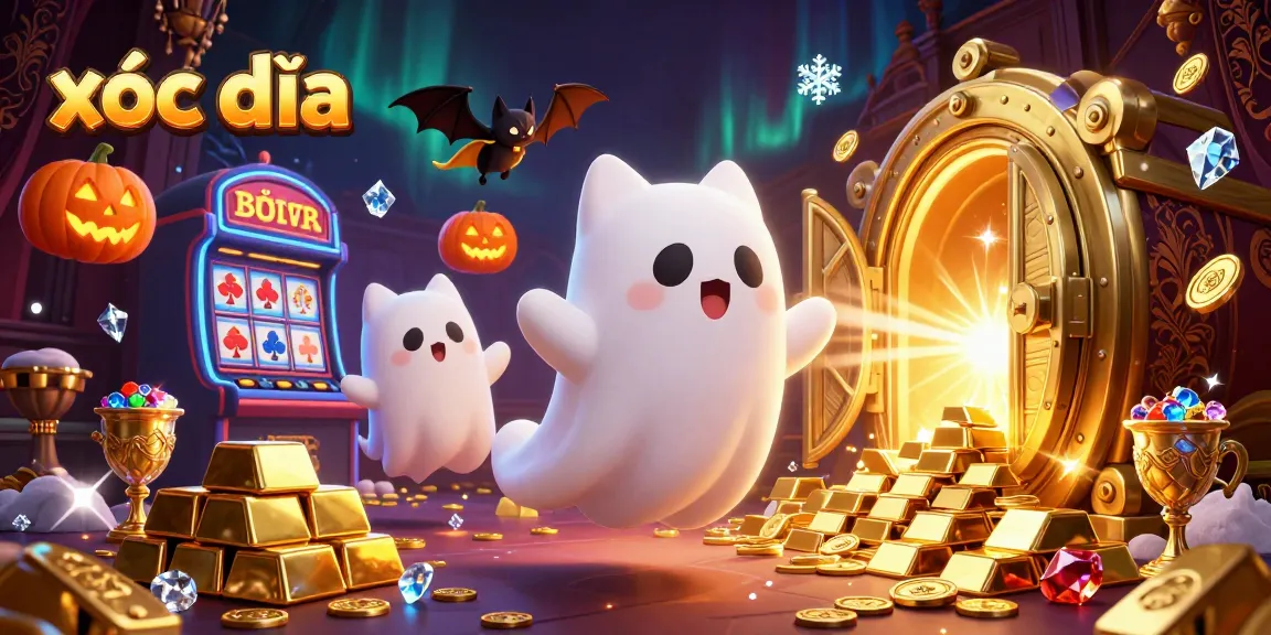 Xóc đĩa themed scene showcasing a ghost cat and bat in a haunted casino, enriched with treasures and festive decor.