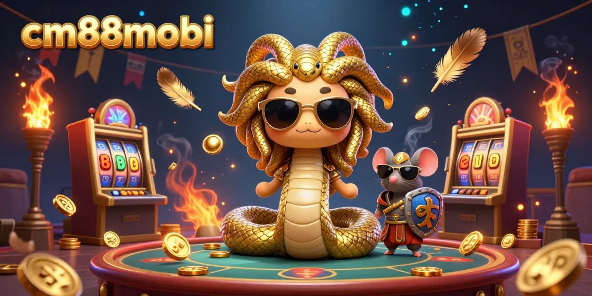 Engage in fun gameplay at cm88mobi with Medusa and a stone warrior in a vibrant casino scene.