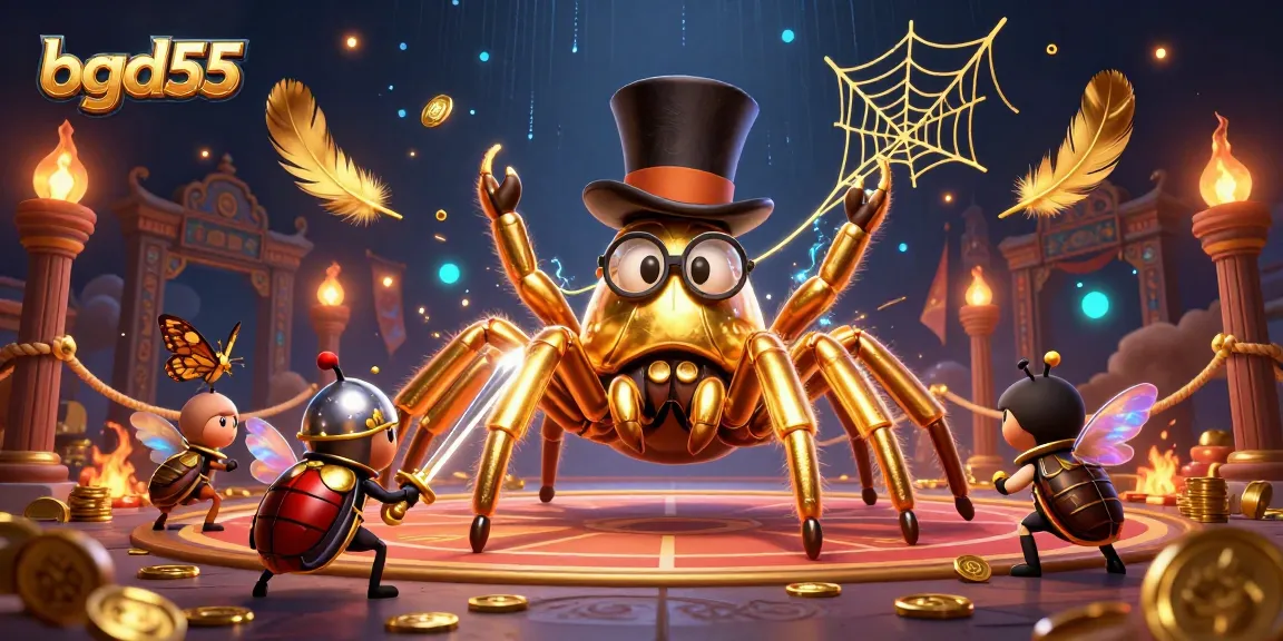 bgd55 captivates gamblers with an enthralling golden tarantula weaving wonders in a casino.