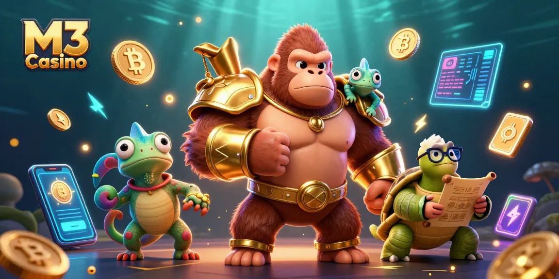 M3 Casino showcases a powerful gorilla king in golden armor surrounded by vibrant digital elements.