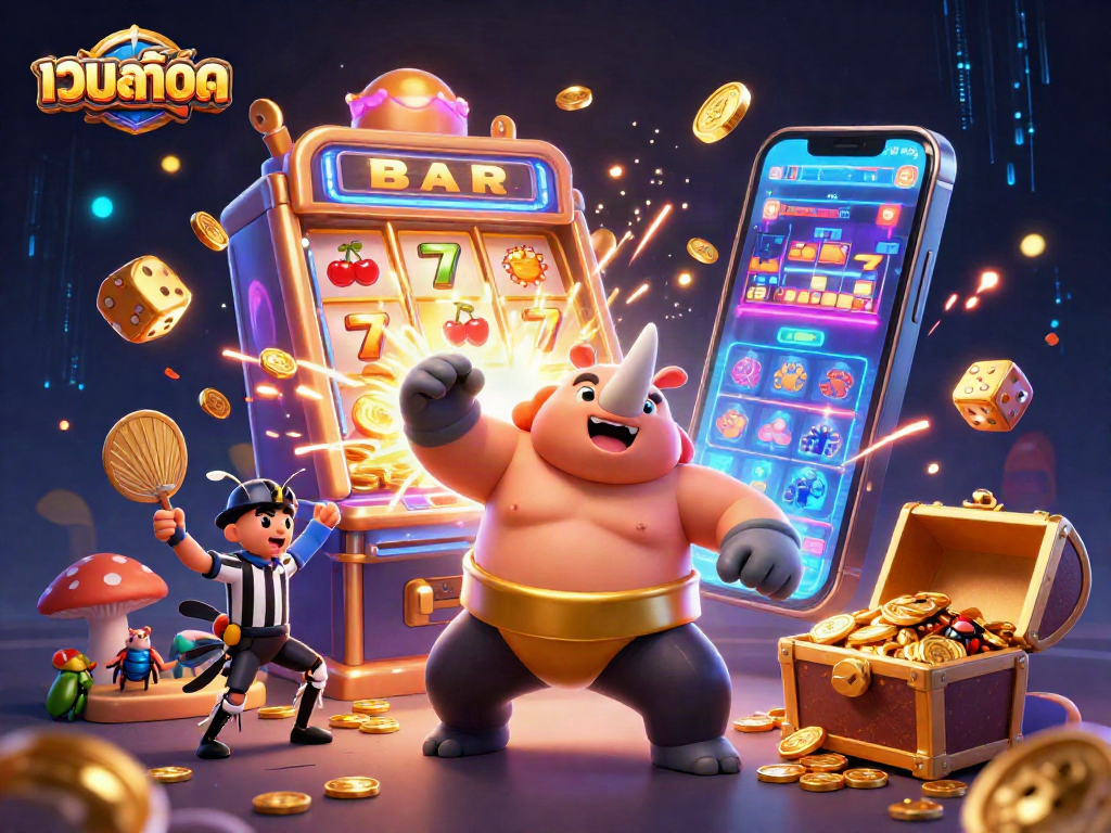 Experience the excitement of เว็บสล็อต with a sumo beetle champion amidst bursting jackpots and golden coins.
