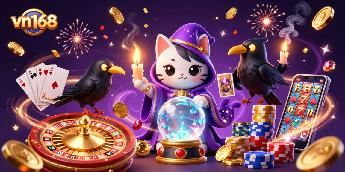 Engage with vn168's thrilling casino experience featuring a mystical cat and glowing raven.