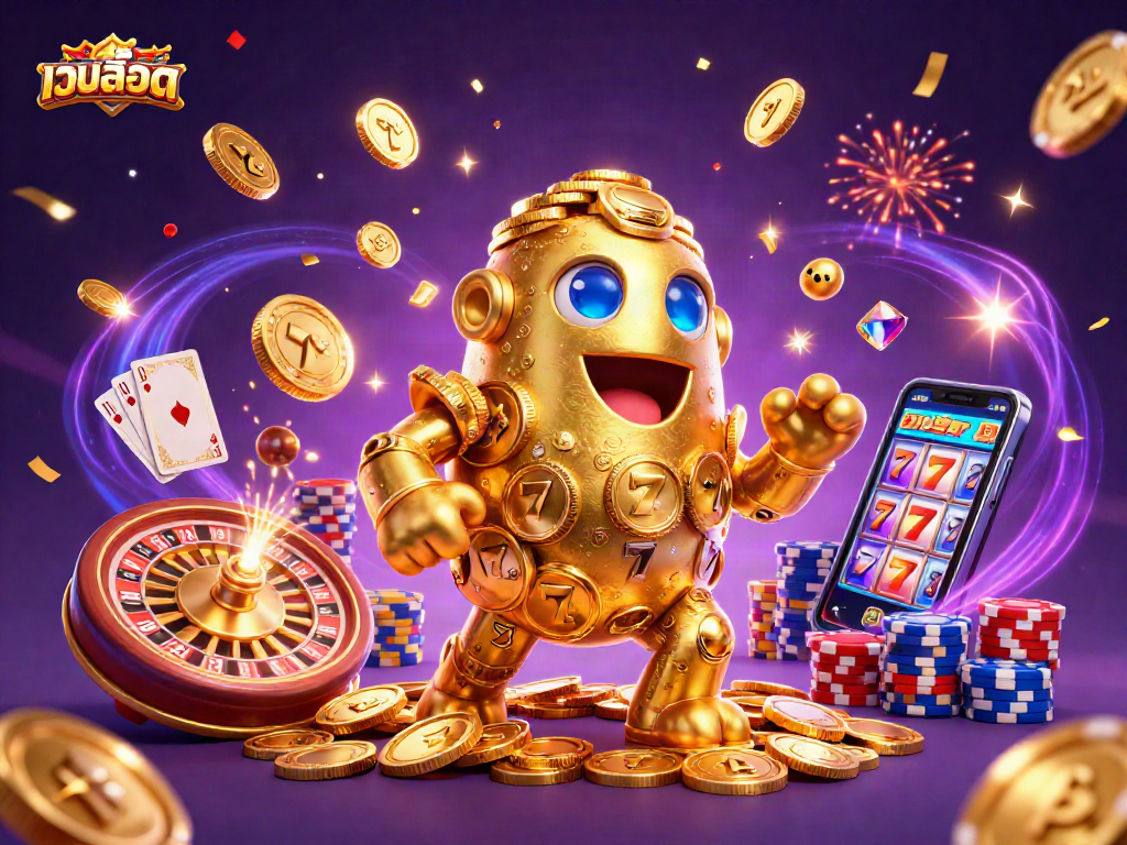 Experience เว็บสล็อต with a vibrant illustration of a golden golem surrounded by dynamic casino elements, showcasing exciting gaming.