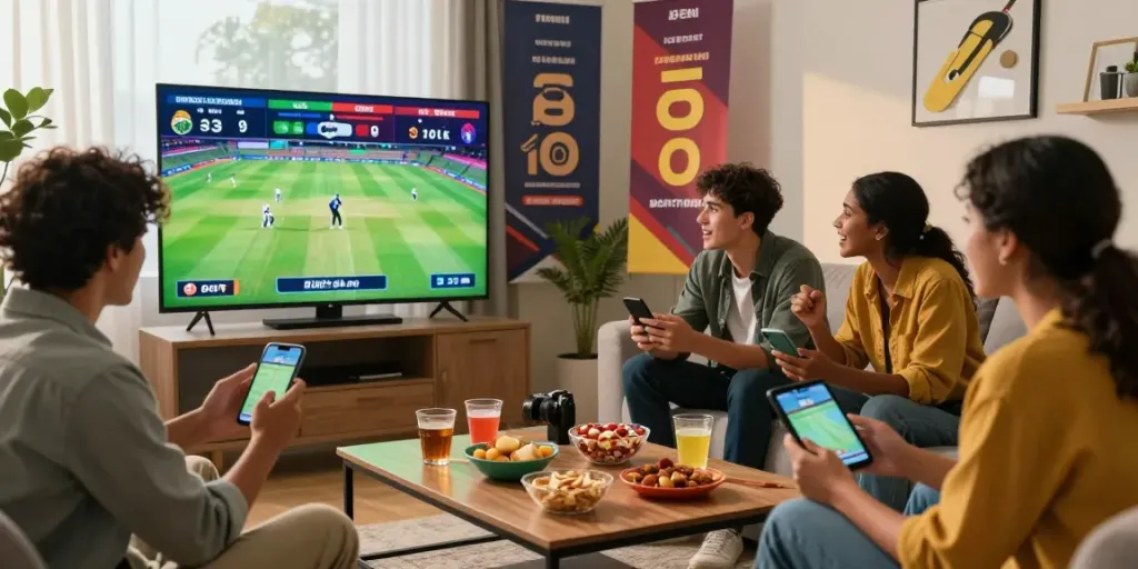 Friends enjoying cricket betting on lotus365 with excitement and camaraderie.