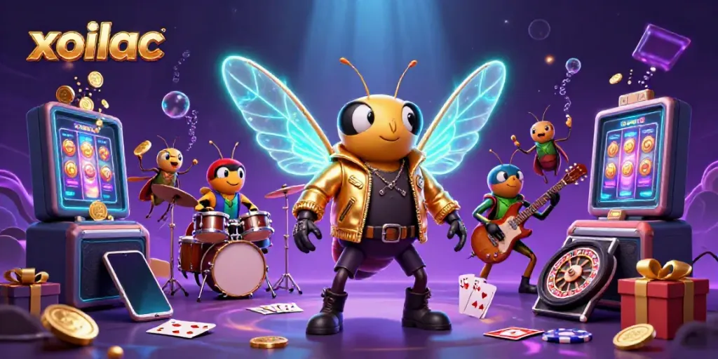 Experience the excitement of xoilac with a vibrant casino-themed illustration featuring a rock star cicada and interactive gaming elements.
