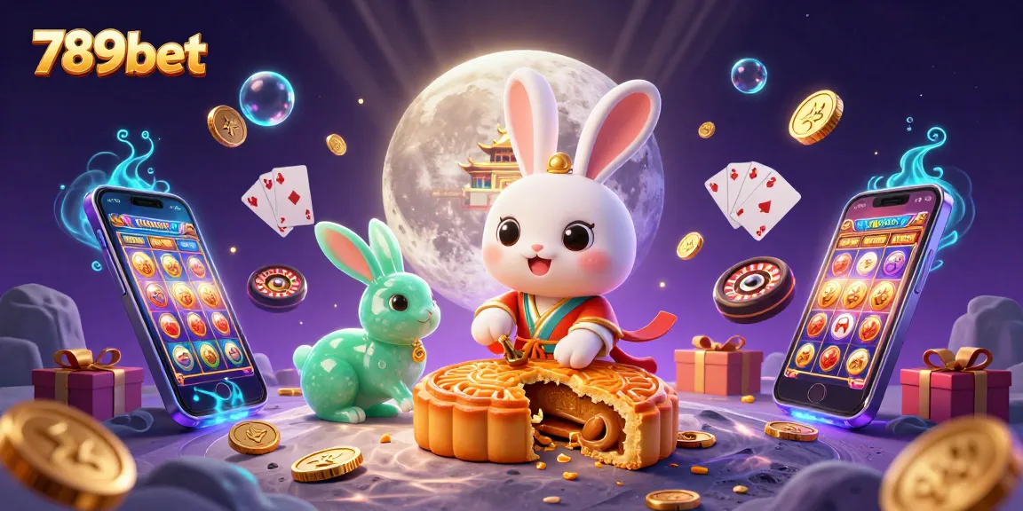 Experience the thrill of 789bet with a colorful 3D casino scene featuring a moon rabbit and gaming elements.
