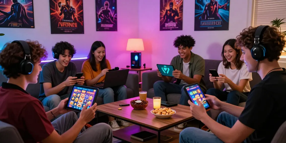 Friends enjoying deposit pulsa tanpa potongan gaming in a cozy living room, featuring devices and vibrant decor.