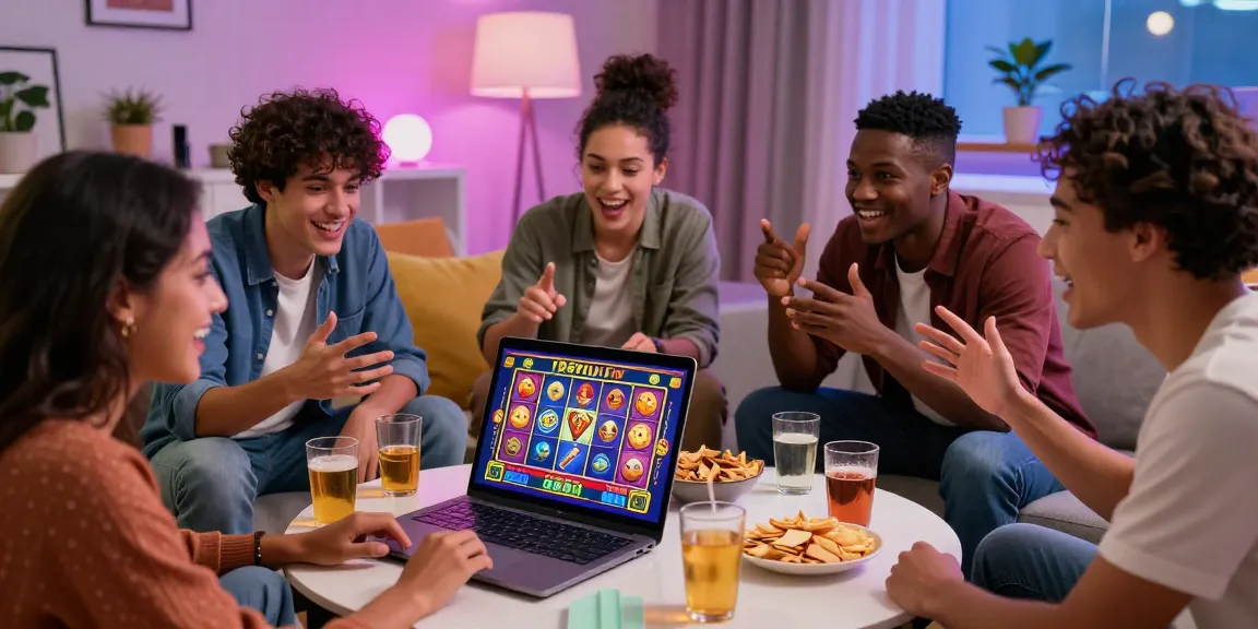 Group of friends enjoying an online slot online resmi game together in a vibrant living room.