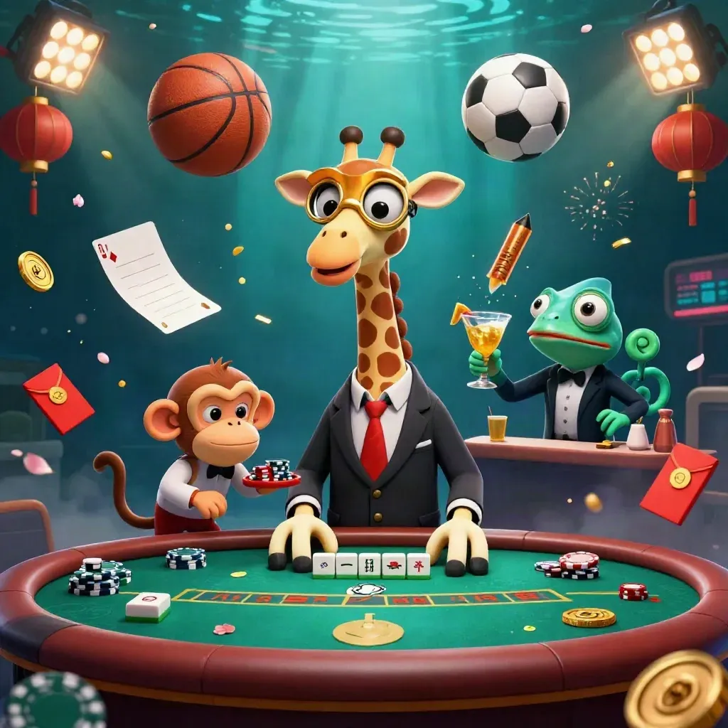 Giraffe, monkey, and chameleon at a neon VIP poker table with balls and casino props exploding around