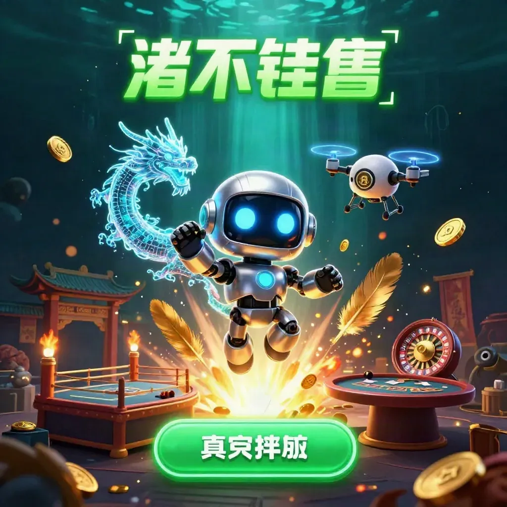 Chrome robot, holographic dragon and drone amid treasure, temple gate, roulette and cards in neon green glow.