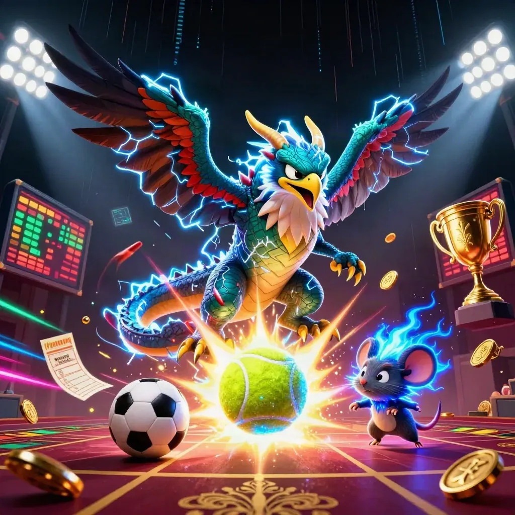 Fantasy thunder dragon, hawk, and mouse amid flying sports balls, gold coins, and casino lights.