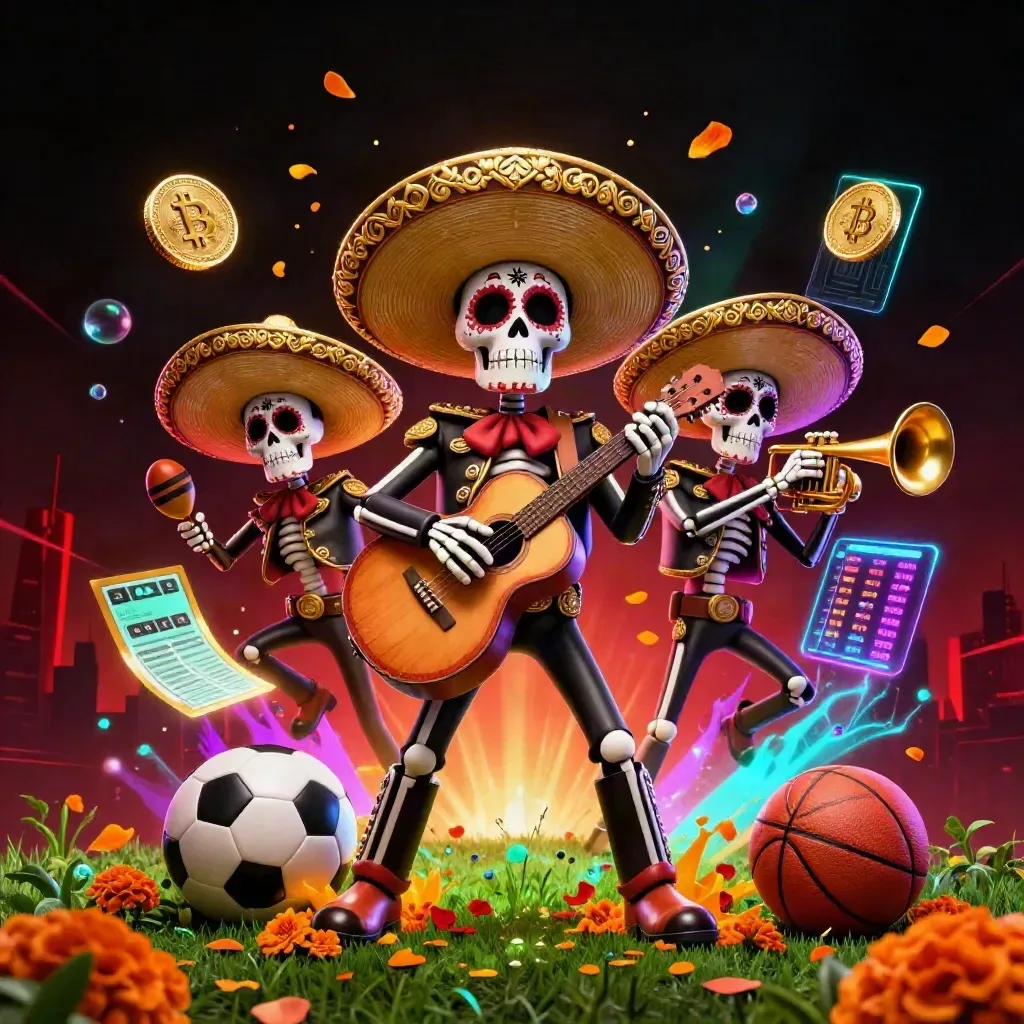 Skeleton mariachi trio amid sports balls, neon coins, and casino lightning on a dark glowing background
