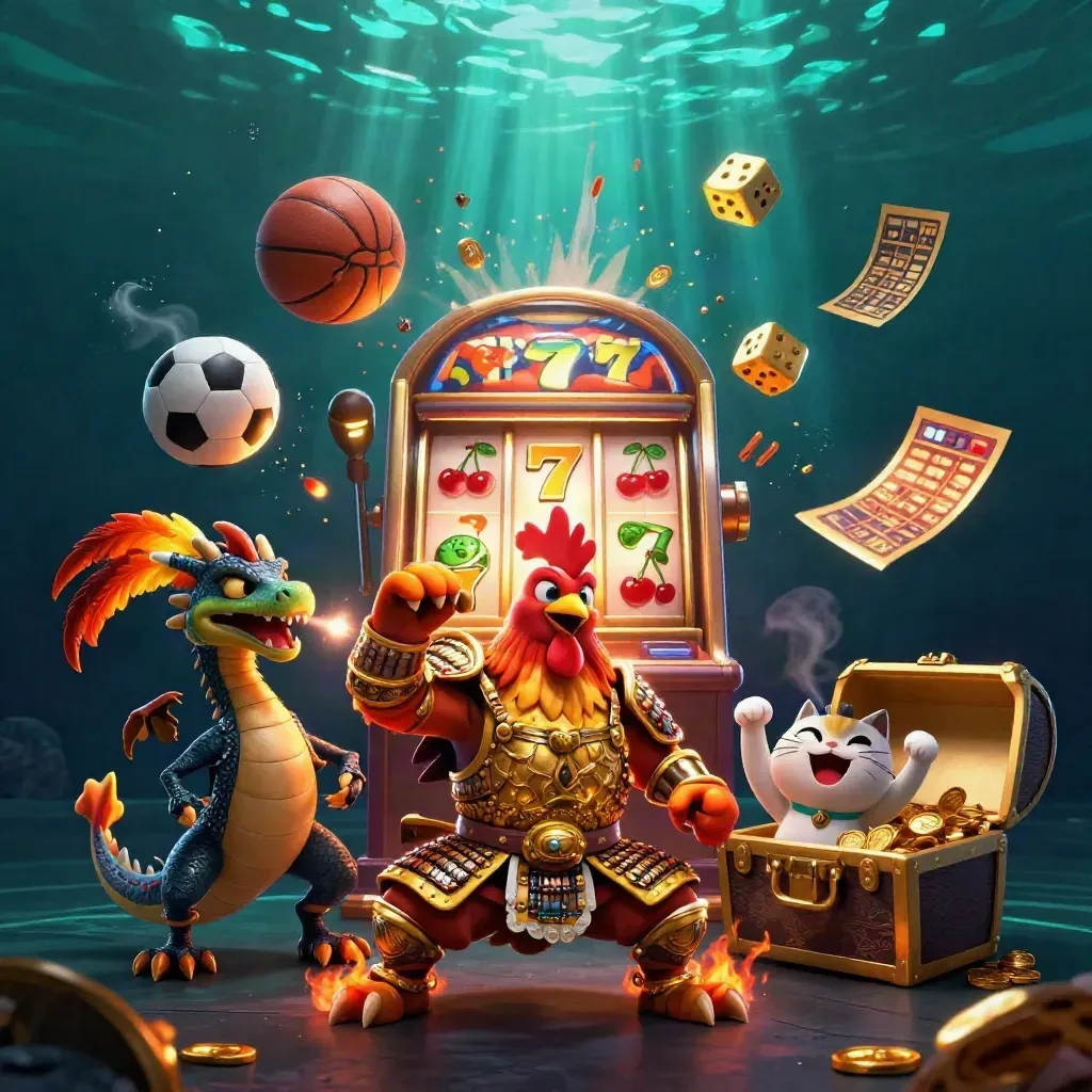Rooster samurai, dragon hatchling and lucky cat explode around slot machine and flying balls.