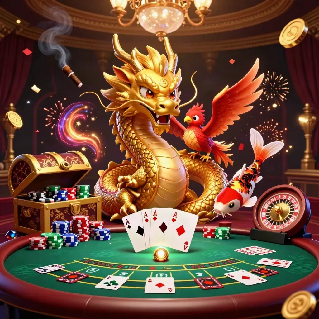 Golden dragon, phoenix and koi around casino tables in a dark gilded lounge