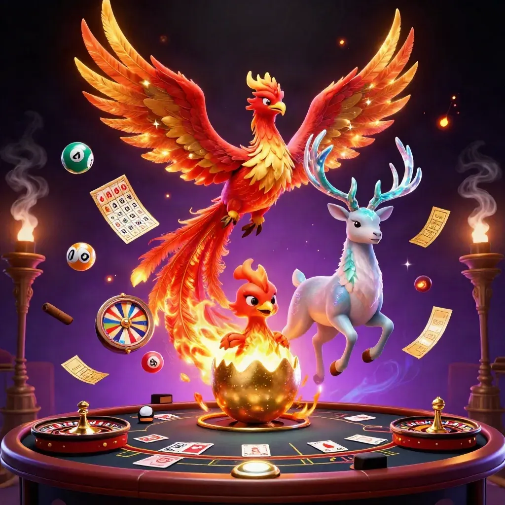 Phoenix, baby phoenix, and crystal stag amid casino magic, balls, wheel, cards, and gold glow.