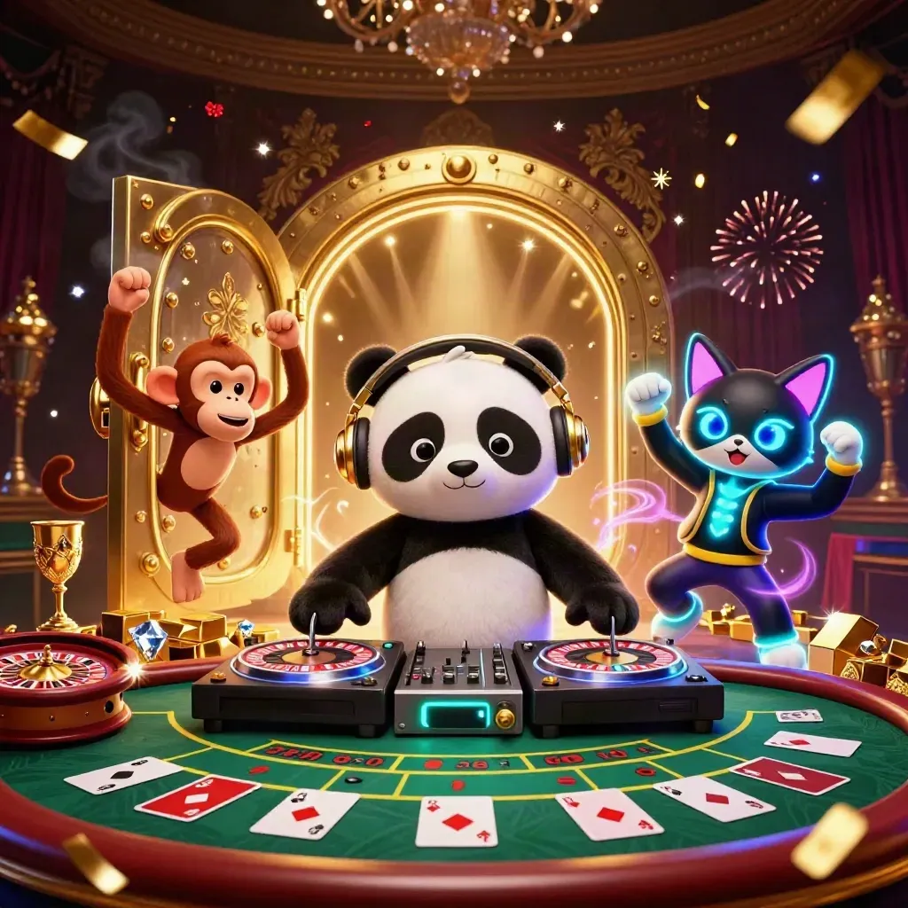 DJ panda, dancing monkey and glow-stick kitten in a luxury casino vault with gold, gems and fireworks.