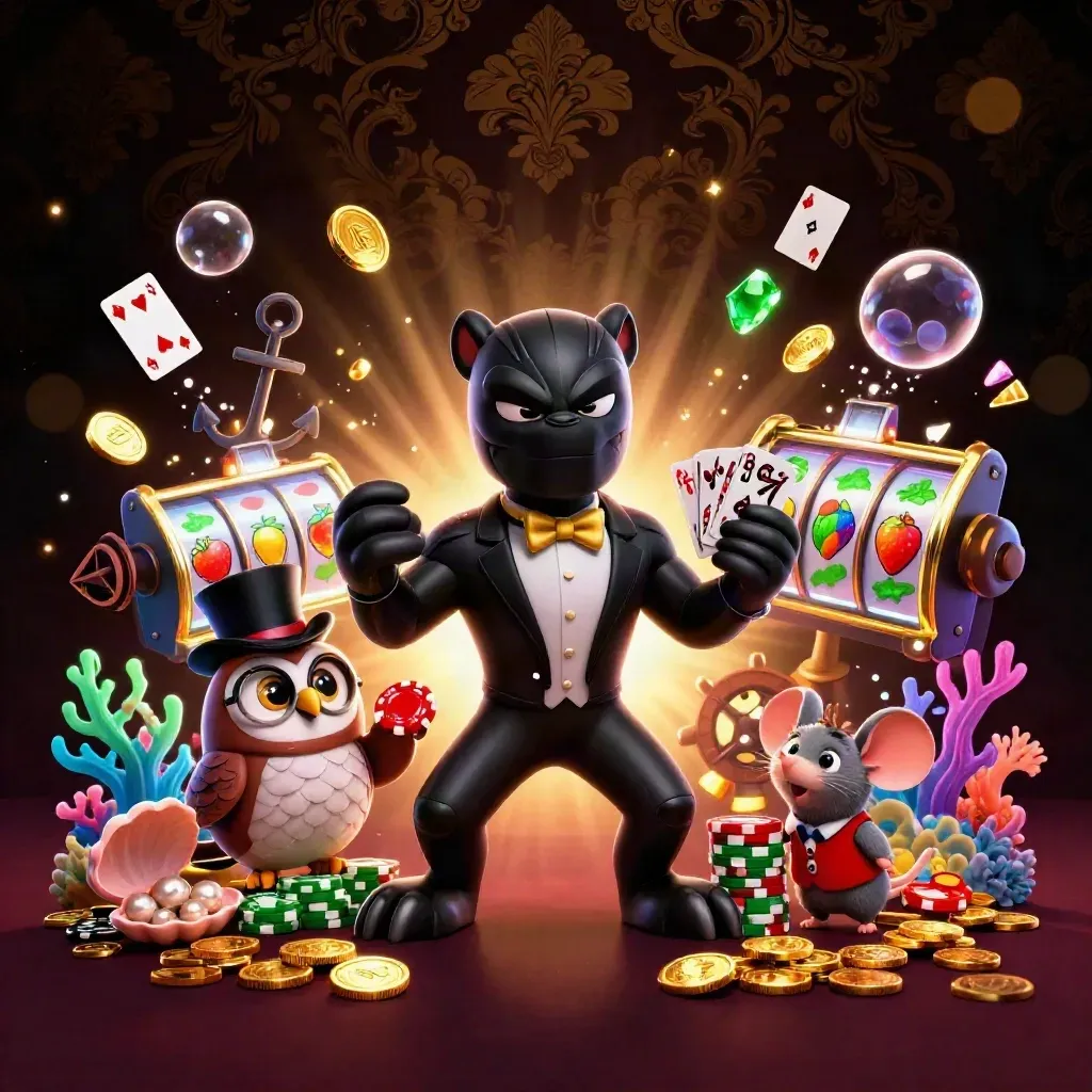 Panther, owl, and mouse in tuxedoed casino treasure burst with coins, gems, and glowing coral.