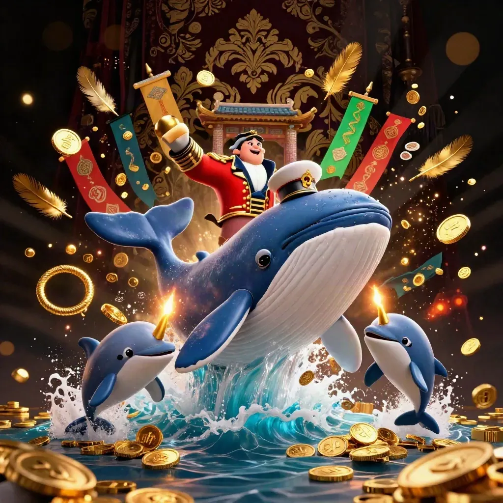 Whale captain and narwhal breaching through coins with dolphins, gold glow and casino opulence.