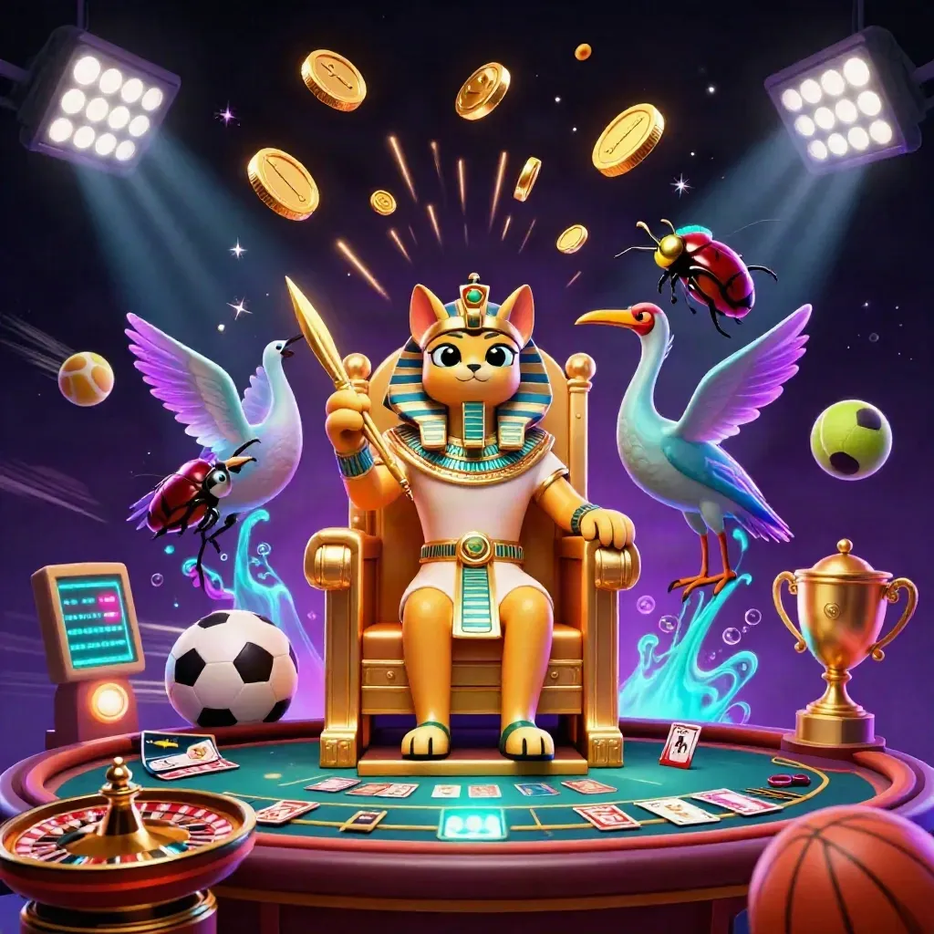 Pharaoh cat, ibis scribe, and gem-winged scarabs amid coins, trophies, balls, and casino energy