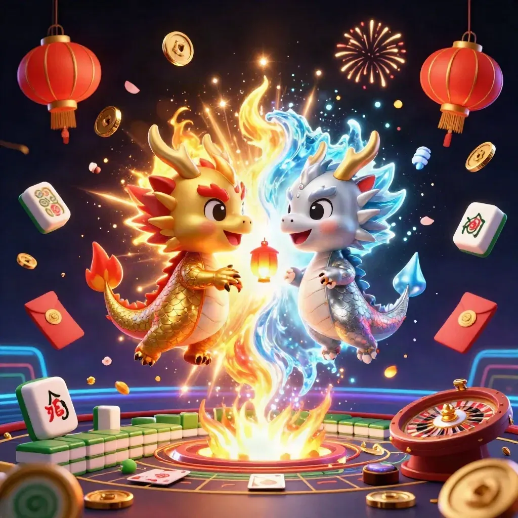 Twin gold and silver dragons swirl with fire and ice over casino symbols and glowing coins.