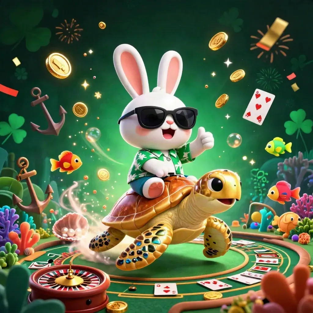Lucky rabbit rides a jeweled sea turtle amid coins, cards, coral, fireworks, and casino symbols.