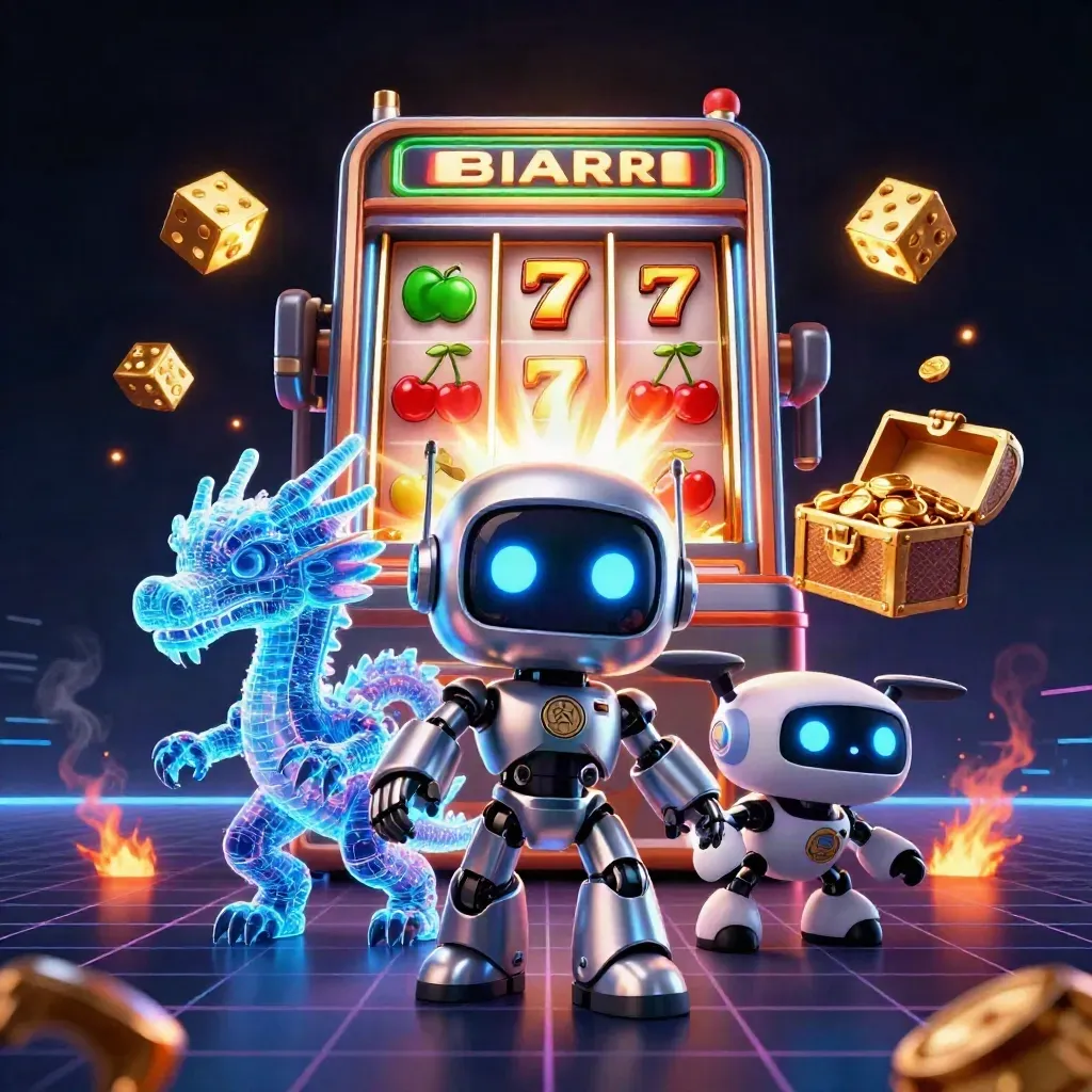 Cyberpunk robot with holographic dragon, coin drone, exploding slot machine, gold and neon casino action