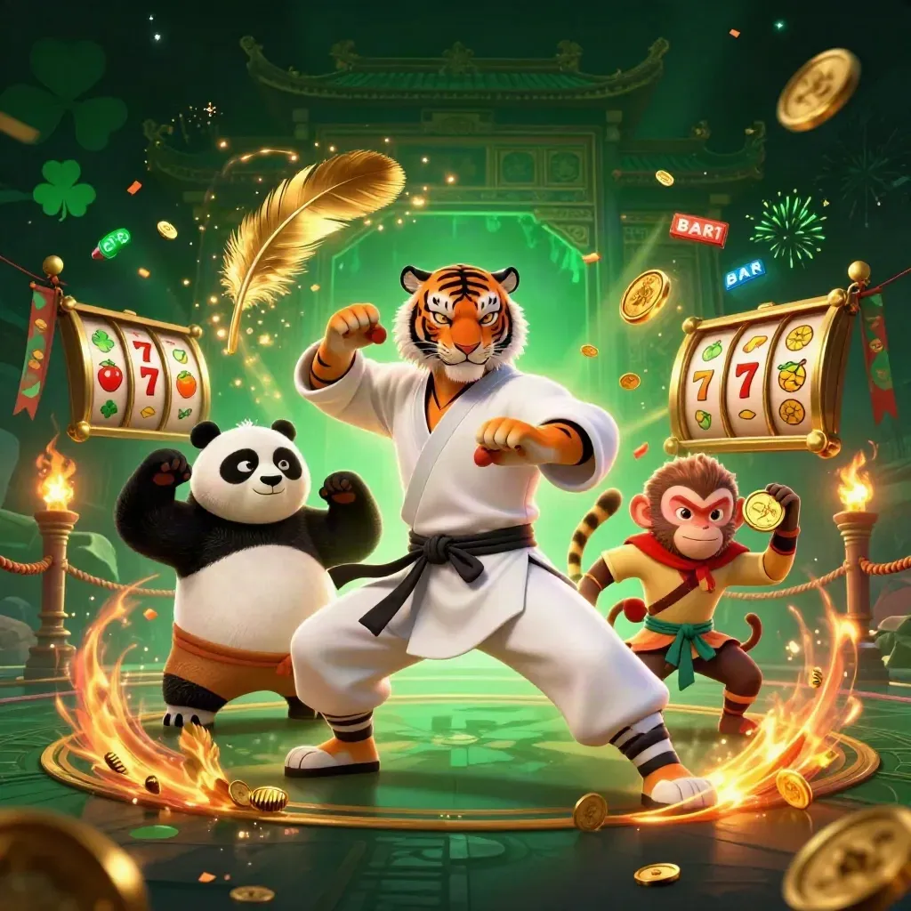 Kung-fu tiger, panda, and monkey in a neon casino temple scene with reels, coins, and fireworks.