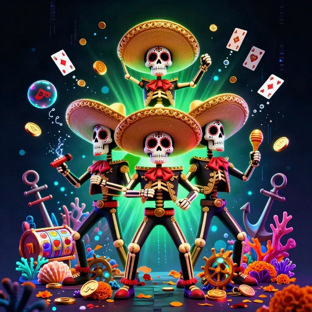 Three skeleton mariachi performers amid casino treasure, neon energy, and lucky symbols.