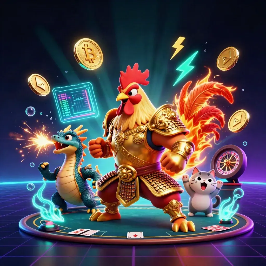 Rooster warrior, dragon hatchling, and fortune cat amid neon coins and casino sparks