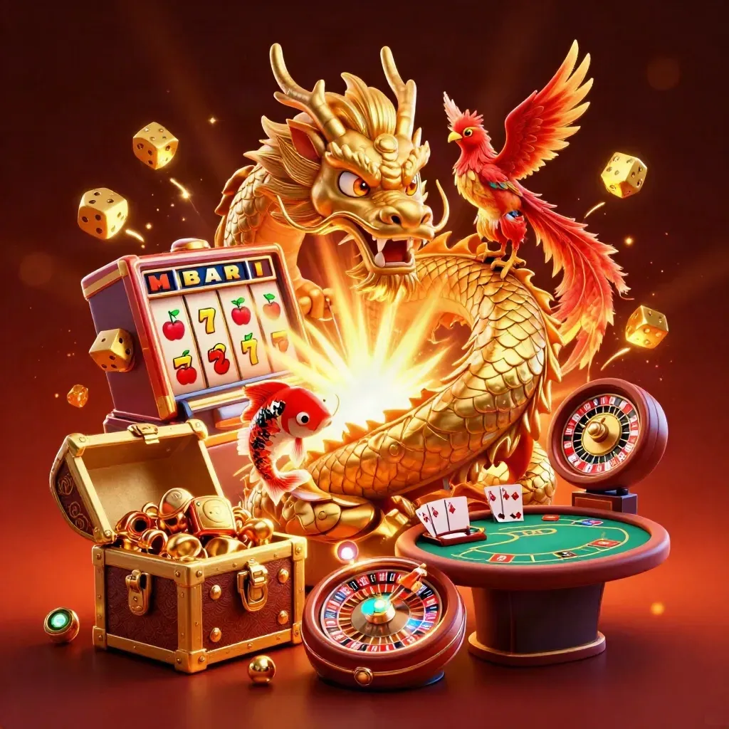 Golden dragon, phoenix, koi and slot casino icons in neon gold and crimson light.