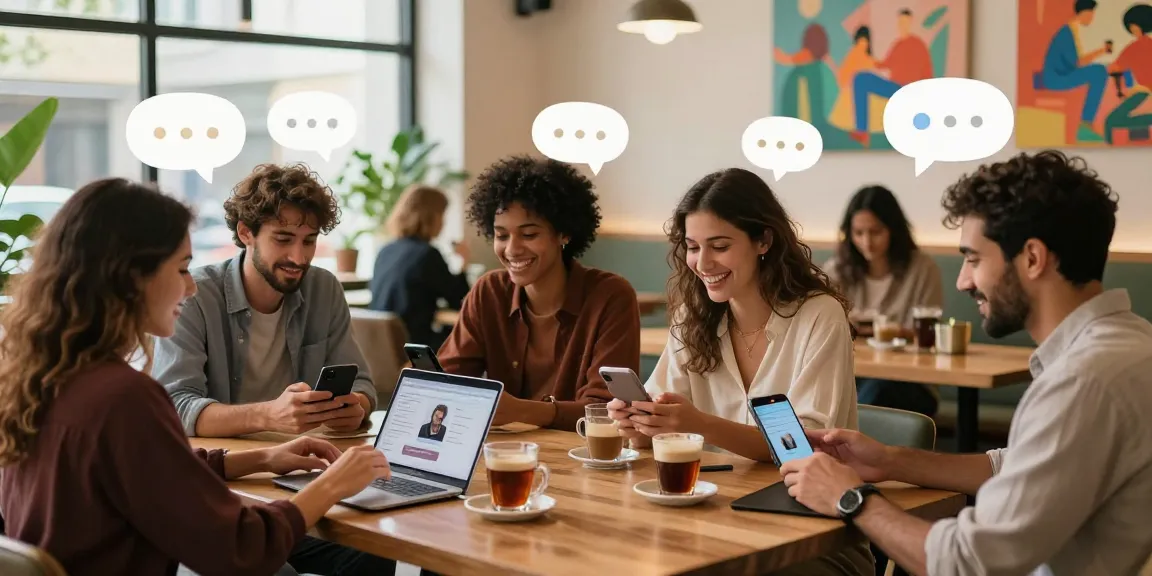 Engaging users in شات فلة الخليج discussing in a cozy café environment.
