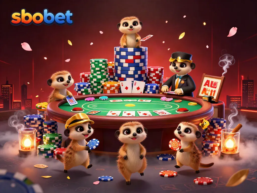 Sbobet meerkats managing a vibrant casino with poker chips and community cards displayed.