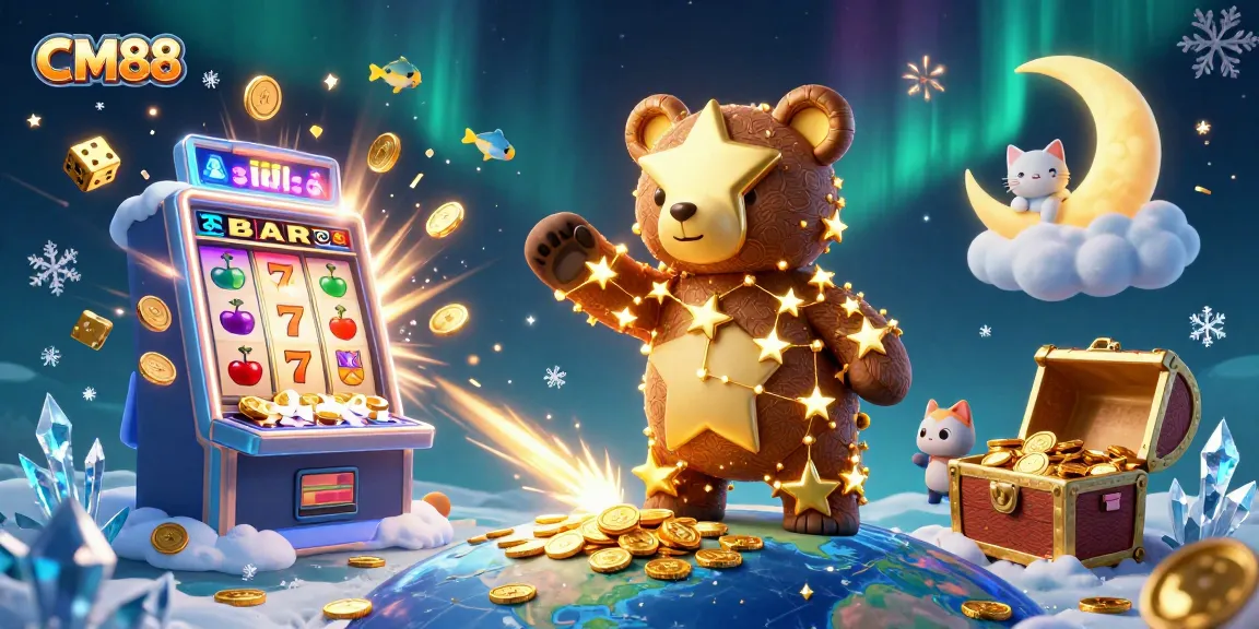 CM88 features a cartoon constellation bear scooping coins in a dynamic casino scene.