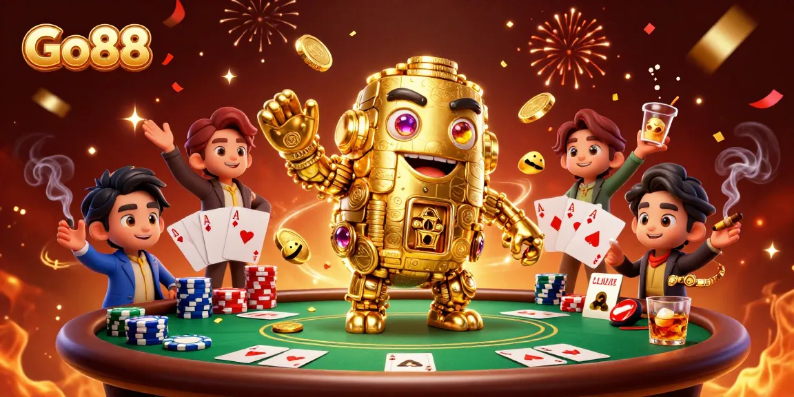 Experience the thrill of gaming at Go88 with vibrant casino elements and a golden golem character.