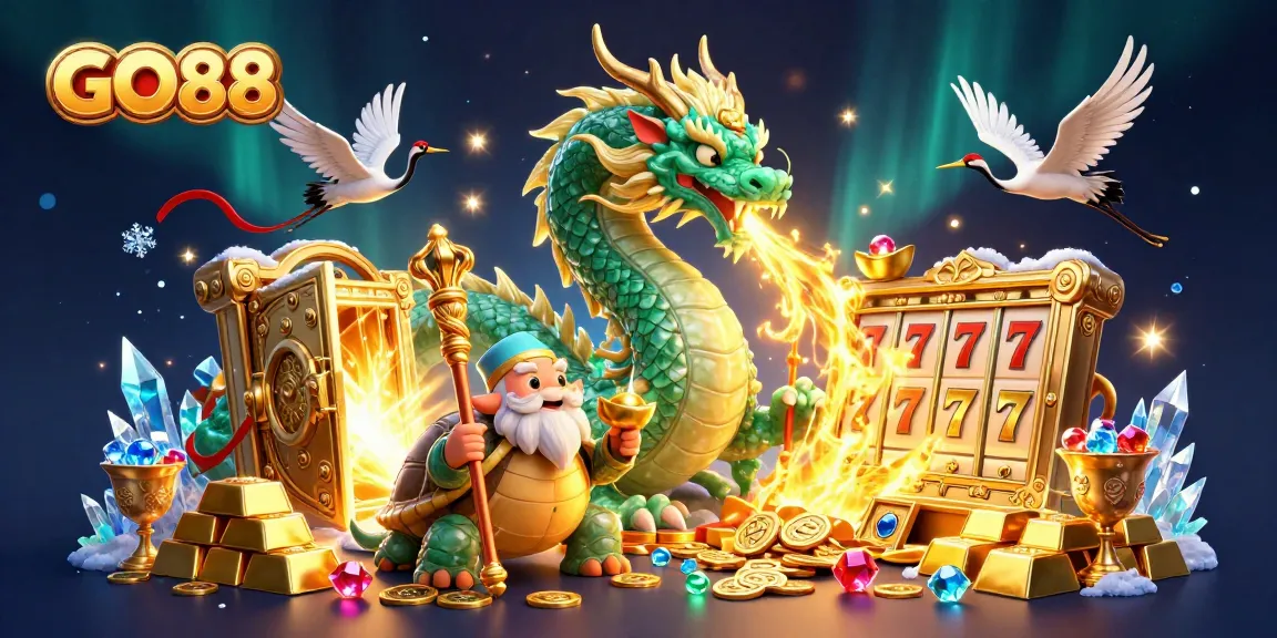 Engage with GO88's immersive 3D casino illustration, featuring a jade dragon and treasure elements for gamers.