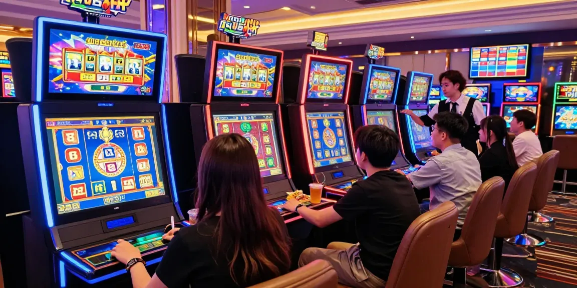 Gamer menikmati pengalaman slot gacor fujiwin88 di kasino virtual yang cerah dan bergaya, dikelilingi teman-teman dan lampu neon.