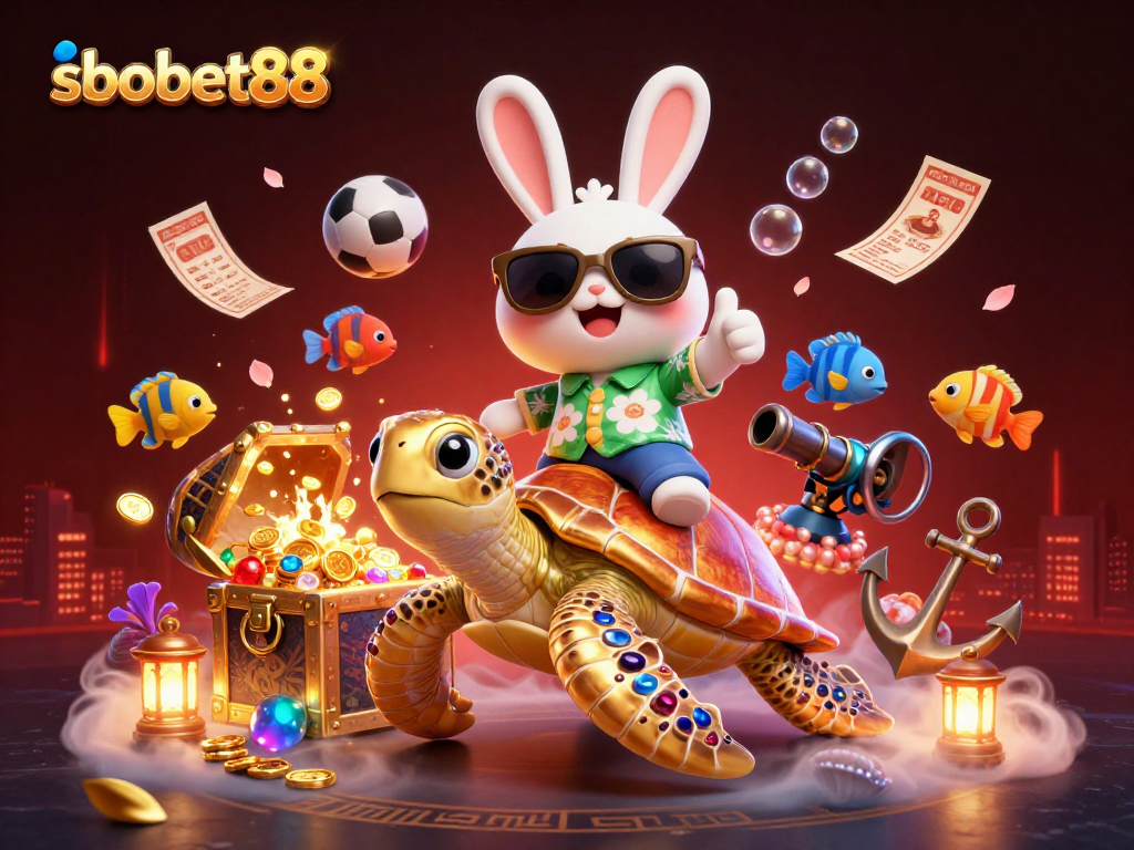 SBOBET88 offers thrilling sports betting action with vibrant characters and casino elements in a playful underwater scene.