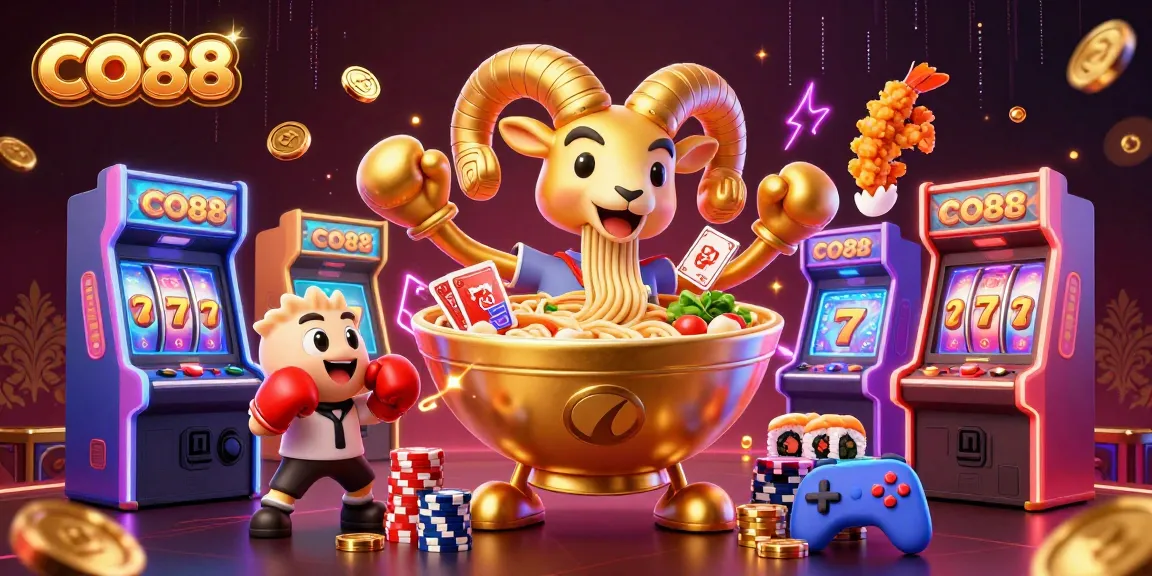 Engage with CO88’s vibrant 3D casino scene featuring a golden ramen bowl dealer and neon arcade elements.