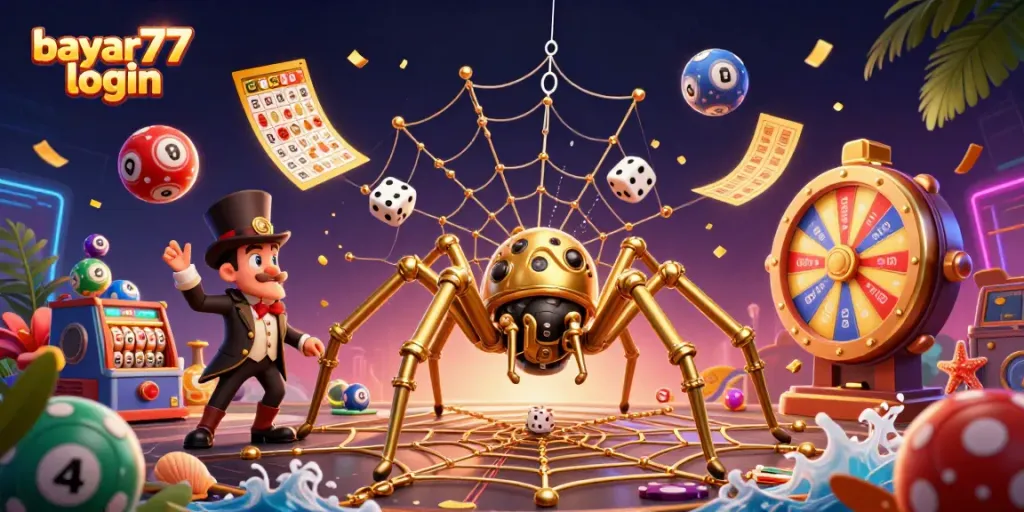 Experience seamless gaming with Bayar77 login, featuring vibrant casino elements and a whimsical spider.