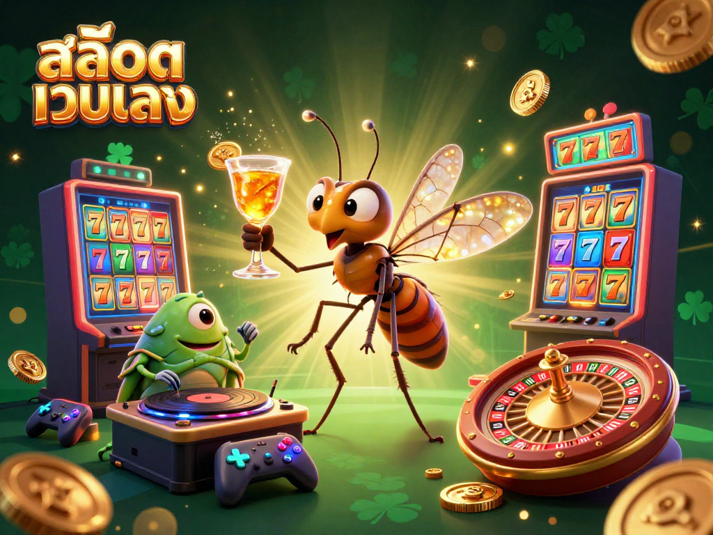 Engage with สล็อตเว็บตรง in a vibrant casino scene featuring a frozen insect mascot and stacked slot machines.