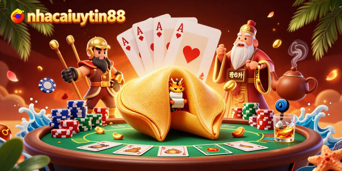 Experience exciting gameplay with nhacaiuytin88 as tiny dragon and warriors guard a golden fortune cookie.