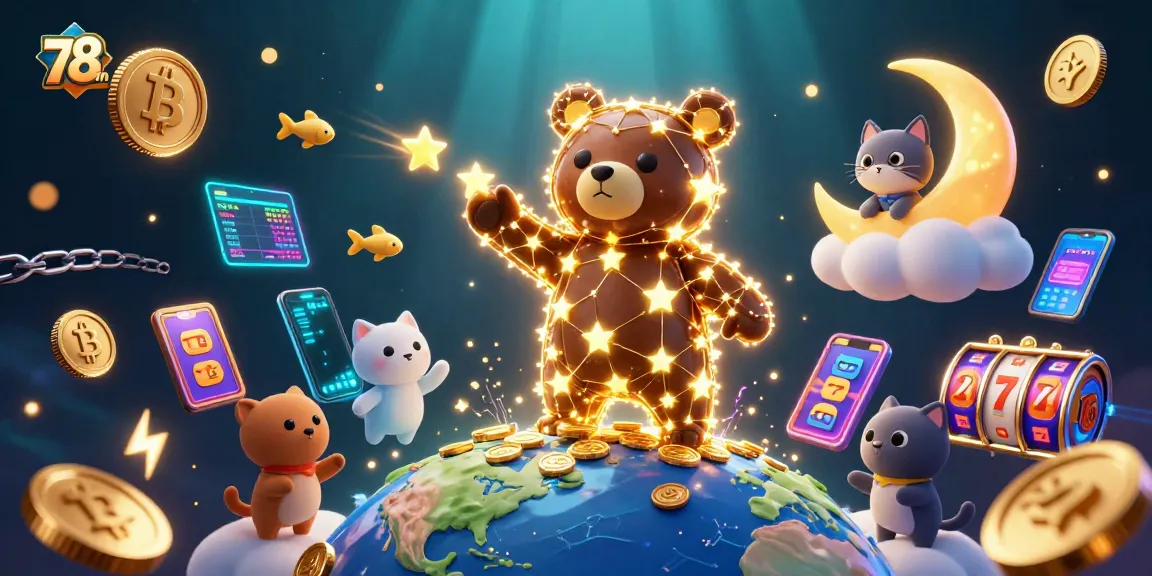 Experience thrilling wins with 78win, featuring a vibrant scene of a constellation bear scooping coins amidst slot reels and glowing crypto.